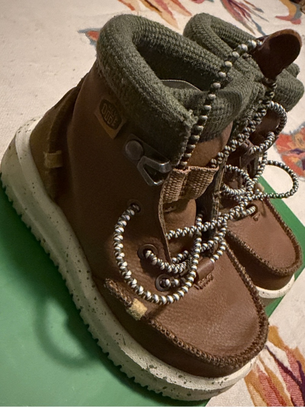 Hey Dude Brown Toddler Boots with Olive Knit Collar and Speckled White Sole